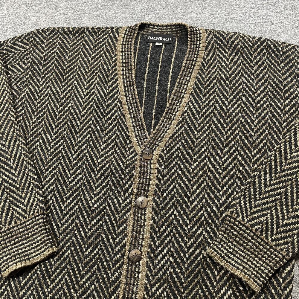 Vintage Bachrach Cardigan Mens Medium Brown Sweater Acrylic Herringbone Grandpa